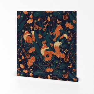 Whimsical Garden Wallpaper - Night Foxes by delively_dewi - Orange Foxes Midnight Blue  Removable Peel and Stick Wallpaper by Spoonflower