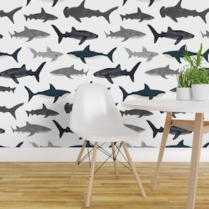 Hajtapet - Hajar Nautical Boy Kids Ocean Sea Av Andrea Lauren - Specialtryckt, avtagbar självhäftande tapetrulle av Spoonflower