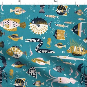 Fish Fabric - Blue Lagoon By Appleyards - Fish Underwater Oceanic Creatures Teal Blue Puffer Cotton Fabric By The Yard With Spoonflower