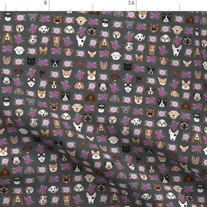 Floral Pets Fabric - Dogs And Cats Heads Florals Charcoal By Petfriendly - Floral Nursery Cat Dog Cotton Fabric By The Yard With Spoonflower