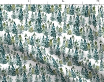 May include: A seamless pattern featuring a watercolour illustration of a forest with green and blue trees on a white background.