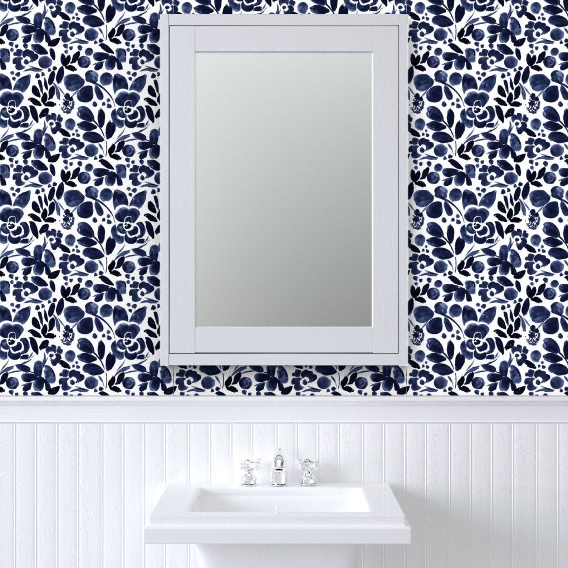 Floral Wallpaper Navy Floral Medium by Crystal Walen Etsy