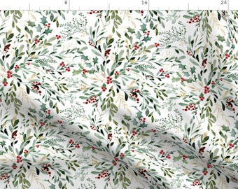 Christmas Floral Fabric - Holly And Berries by hipkiddesigns - Green Red Mistletoe Xmas Festive Botanical Fabric by the Yard by Spoonflower