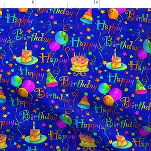 Kids Happy Birthday Fabric - Happy Birthday Blue by ileneavery - Balloon Streamers Party Hats Celebration Fabric by the Yard by Spoonflower