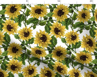 Vintage Flowers Yellow Sunflower Fabric - 10“ Sunflowers On White By Utart - Vintage Flowers Cotton Fabric By The Yard With Spoonflower