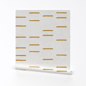 Line Wallpaper - Petra Line Ochre By Holli Zollinger - Line Gold White Custom Printed Removable Self Adhesive Wallpaper Roll by Spoonflower