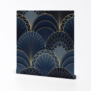 Abnehmbare Tapete im Art Deco Stil zum Abziehen und Aufkleben - Geometrische Jakobsmuschel 1920er Jahre - Wandkunst Wanddekor - Art Deco Jakobsmuschel Blau Jumbo byMarketa_stengl