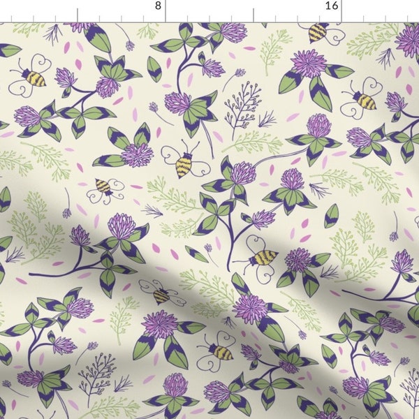 Honeybees Fabric - Honey Bees And Clovers By Jacquelinehurd - Bumblebee Purple Wildflowers Floral Cotton Fabric By The Yard With Spoonflower