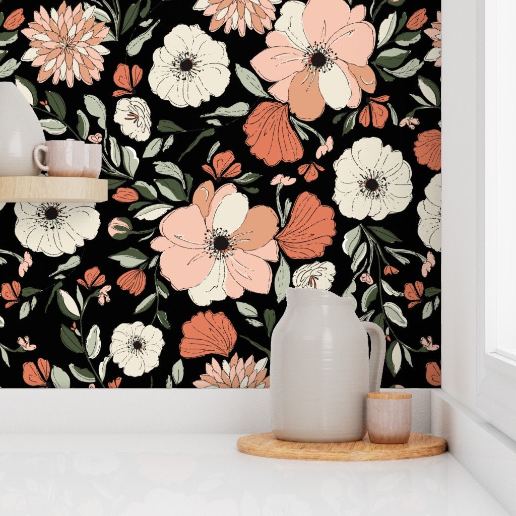 Floral Wallpaper Poppy Peonies Dark by Indybloomdesign - Etsy