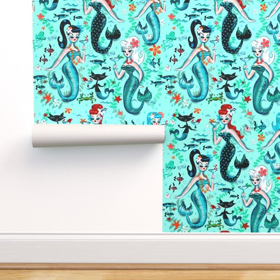 Removable Water-Activated Wallpaper Mermaid Scales Aqua Turquoise Teal Modern
