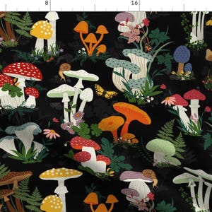 Mushrooms Fabric - Mushroom Garden By Geetanjali - Black Red Green Fungus Forest Nature Garden Cotton Fabric By The Yard With Spoonflower