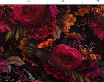 Moody Floral Fabric - Antique Painted Roses by utart - Gothic Flower Maximalist Bouquet Dark Red Nostalgic Fabric by the Yard by Spoonflower