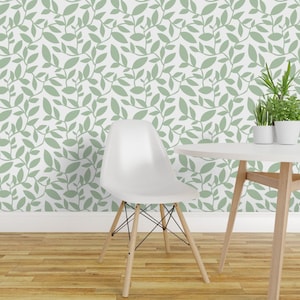 Leaves Wallpaper - Orchard Botanical By Heatherdutton - Green White Spring Vine Nature Removable Self Adhesive Wallpaper Roll by Spoonflower