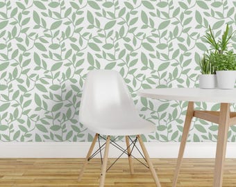 Leaves Wallpaper - Orchard Botanical By Heatherdutton - Green White Spring Vine Nature Removable Self Adhesive Wallpaper Roll by Spoonflower
