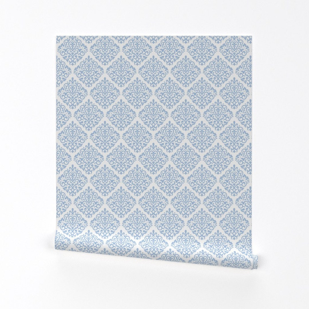 Damask Wallpaper Light Blue on White by Mariafaithgarcia Ogee