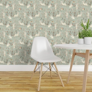 Bunny Wallpaper - Bunnies Dusky Green By Katherine Quinn - Green Bunny Custom Printed Removable Self Adhesive Wallpaper Roll by Spoonflower