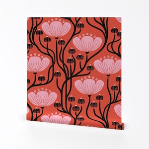 Abstract Floral Removable Peel and Stick Wallpaper - Red Pink Flower Vines - Wall Art Wall Decor - Art Nouveau Buttercups by francisca_reyes
