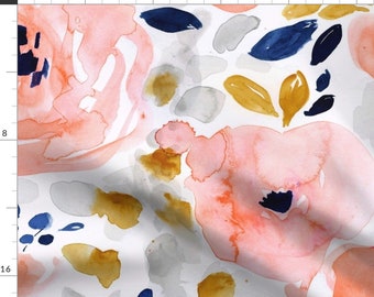 Floral Fabric - Genevieve Floral-Half Drop By Crystal Walen - Watercolor Roses Pink Blue Gold Cotton Fabric By The Yard With Spoonflower