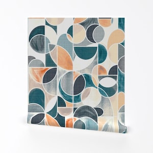 Contemporary Wallpaper - Paint Washed Modern Geometric By Tigatiga - Teal Peach Geo Removable Self Adhesive Wallpaper Roll by Spoonflower
