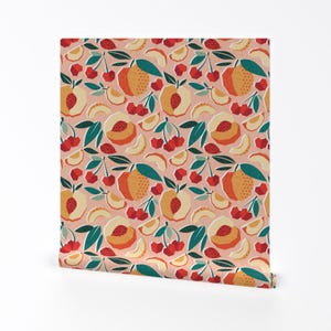 Peaches Wallpaper - Sweet As A Peach By Selmacardoso - Geometric Paper Cut Pink Green Removable Self Adhesive Wallpaper Roll by Spoonflower