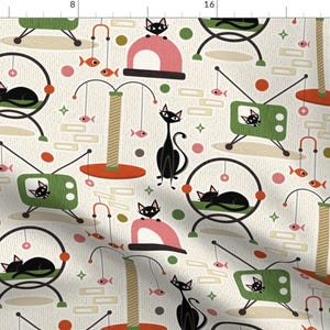 Mid Mod Cat Tower Fabric - Cozy Cats&#39; Play Room by studioxtine - Vintage Retro Cats Kittens Mid Century Fabric by the Yard by Spoonflower