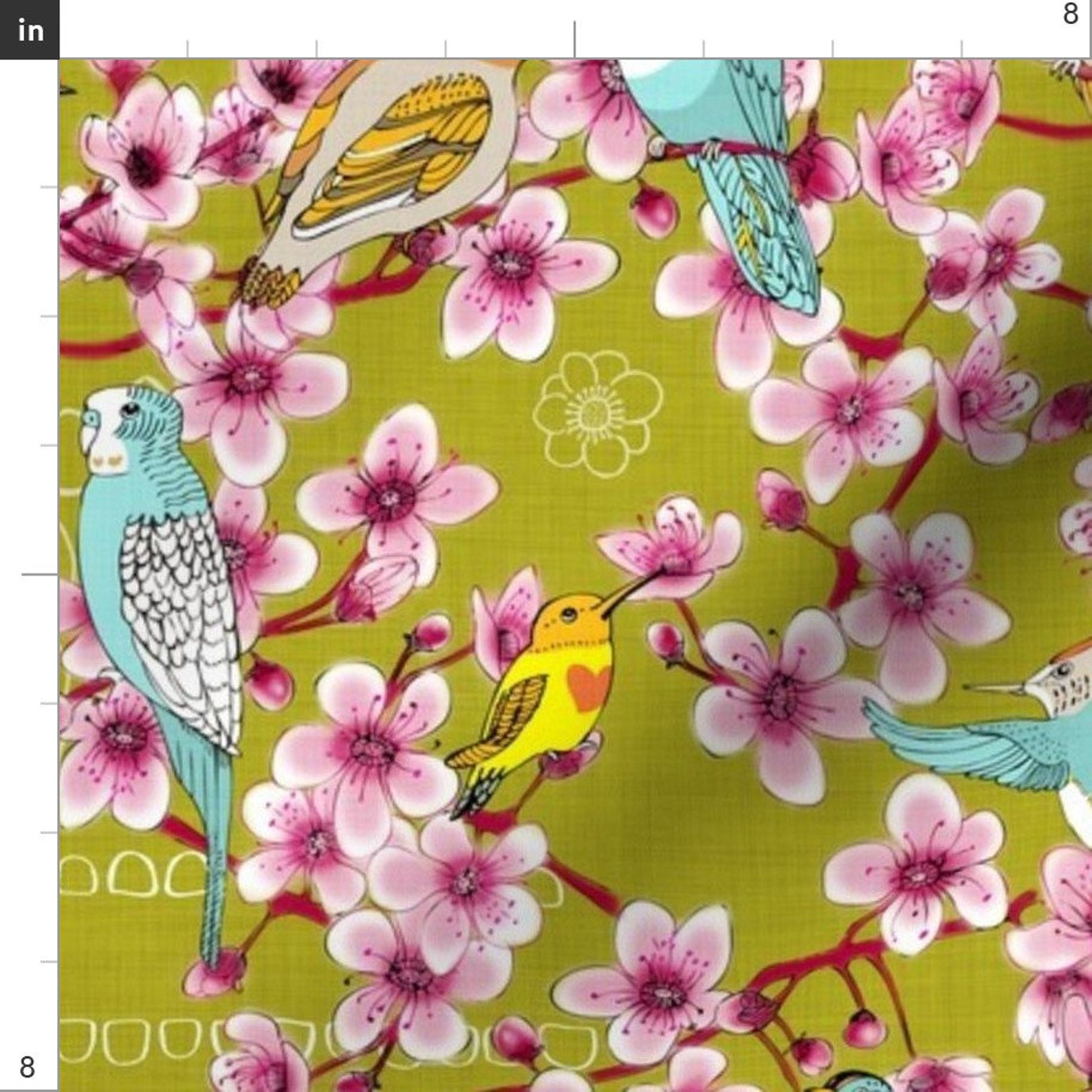 Birds and Blossoms Fabric Budgies 'N' Birds by Els Etsy