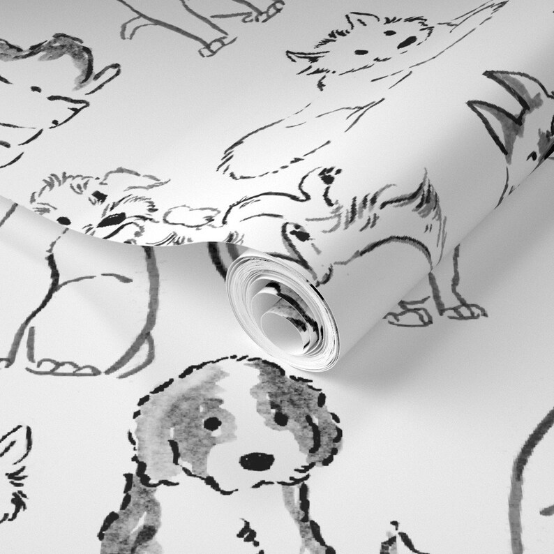 Dog Print Wallpaper Black and White Dogs by Carolinedoodles Etsy
