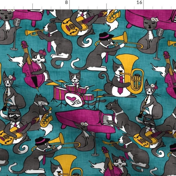 Jazz Fabric - Tuxedo Cat Teal Magenta Texture Music New Orleans Kitty Big Band By Pond Ripple - Cotton Fabric By The Yard With Spoonflower