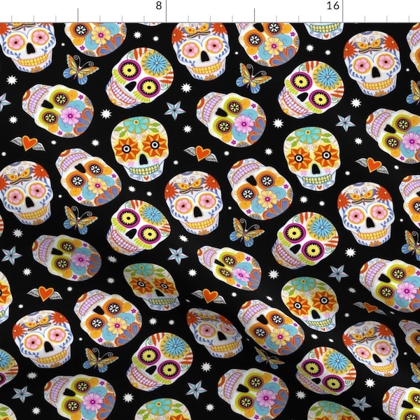 Dia de los Muertos Fabric - Sugar Skulls - Black, Large By Mirabelleprint - Floral Skulls Cotton Fabric By The Yard With Spoonflower