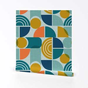 Geometrische Tapete - Twisted by Heatherdutton - Moderne Geometrische Blaugrün Orange Abnehmbare Selbstklebende Tapetenrolle von Spoonflower