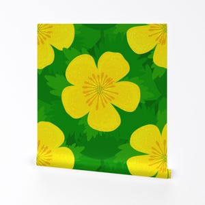 Meadow Flowers Removable Peel and Stick Wallpaper - Green Yellow Floral Nature - Wall Art Wall Decor - Yellow Buttercups by julieerindesigns