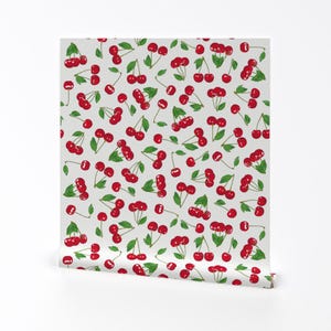 Cherries Wallpaper- Very Cherry White By Juliesfabrics- Farmhouse Decor Custom Printed Removable Self Adhesive Wallpaper Roll by Spoonflower