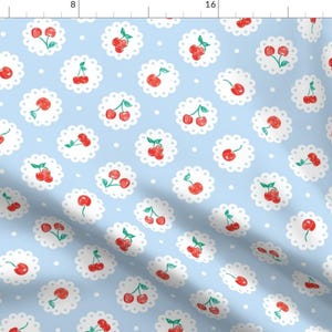 Cherries Fabric - Vintage Red Cherries Blue Doily By Twodreamsshop - Vintage Cherry Berry Fruit Cotton Fabric By The Yard With Spoonflower