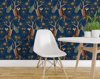 Tiger Wallpaper - Tiger And Peacock Blue By Sveta Aho - Tiger Jungle Jumbo Forest Cat Removable Self Adhesive Wallpaper Roll by Spoonflower