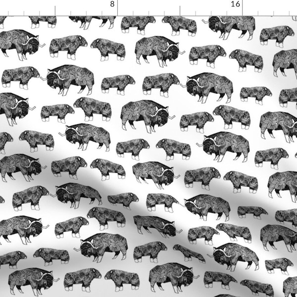 Arctic Animals Gray Watercolor Bison Fabric - Musk Ox Fabric // Arctic Animal Fabric Canada Alaska Greenland - White By Andrea Lauren