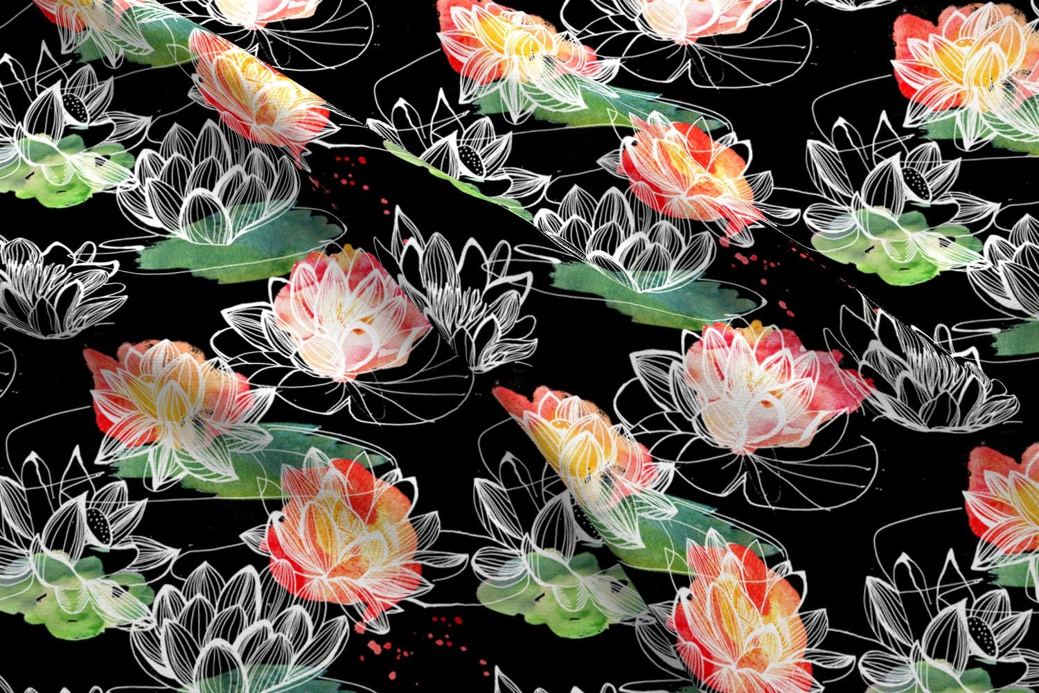 Floral Lotus Fabric Red Japan Lotus By Holaholga Japanese Etsy