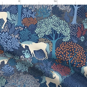 Unicorn Fabric - Enchanted Forest by shellypenko - Magic Woodland Fairy Tale Blue Cream Large Scale Fabric by the Yard by Spoonflower
