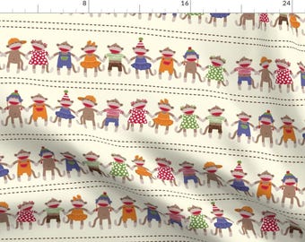 Sock Monkey Fabric - Sock Monkey Manners Stripe By Bzbdesigner - Kids Animal Nursery Cute Monkeys Cotton Fabric by the Yard with Spoonflower