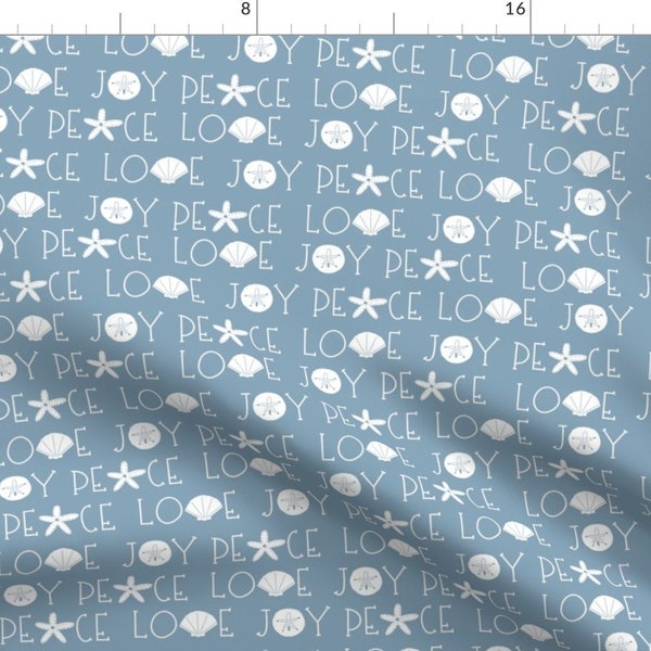Coastal Christmas Fabric - Peace Love Joy by reneedavisdesign - Seashells Typography Blue White Starfish  Fabric by the Yard by Spoonflower