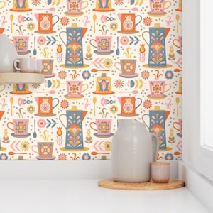 Folk Art Coffee Cups Wallpaper - Scandinavian Coffee Break by portiamonberg - Tea Food Removable Peel and Stick Wallpaper by Spoonflower