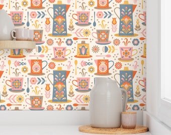 Folk Art Coffee Cups Wallpaper - Scandinavian Coffee Break by portiamonberg - Tea Food Removable Peel and Stick Wallpaper by Spoonflower