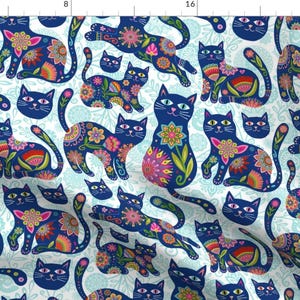 Cats Fabric - Kitcats In Blue By Groovity - Cats Floral Animals Home Decor Upholstery Apparel Cotton Fabric By The Yard With Spoonflower