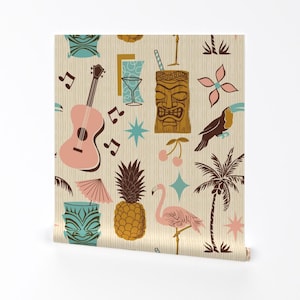 May include: A seamless pattern featuring a variety of tropical and tiki-themed elements, including a pink flamingo, a toucan, a ukulele, a pineapple, a tiki idol, palm trees, cherries, and musical notes. The background is a light beige with a subtle texture.