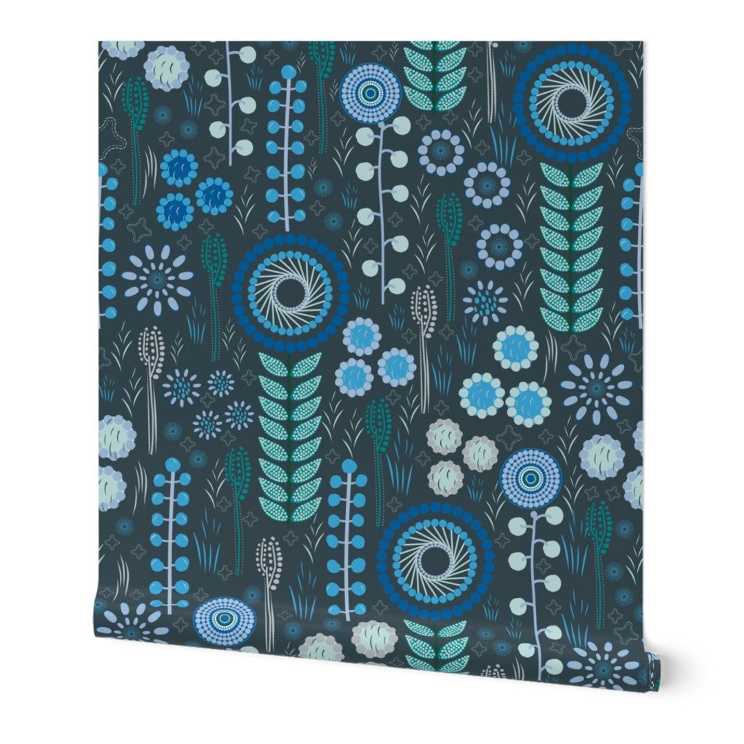 Blue Scandi Floral Wallpaper Blue Scandi Floral by - Etsy