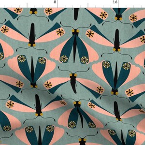 Mid Century Mod Fabric - Retro Bugs By Vo Aka Virginiao - Insects Blue Pink Jumbo Nature Moths Cotton Fabric By The Yard With Spoonflower