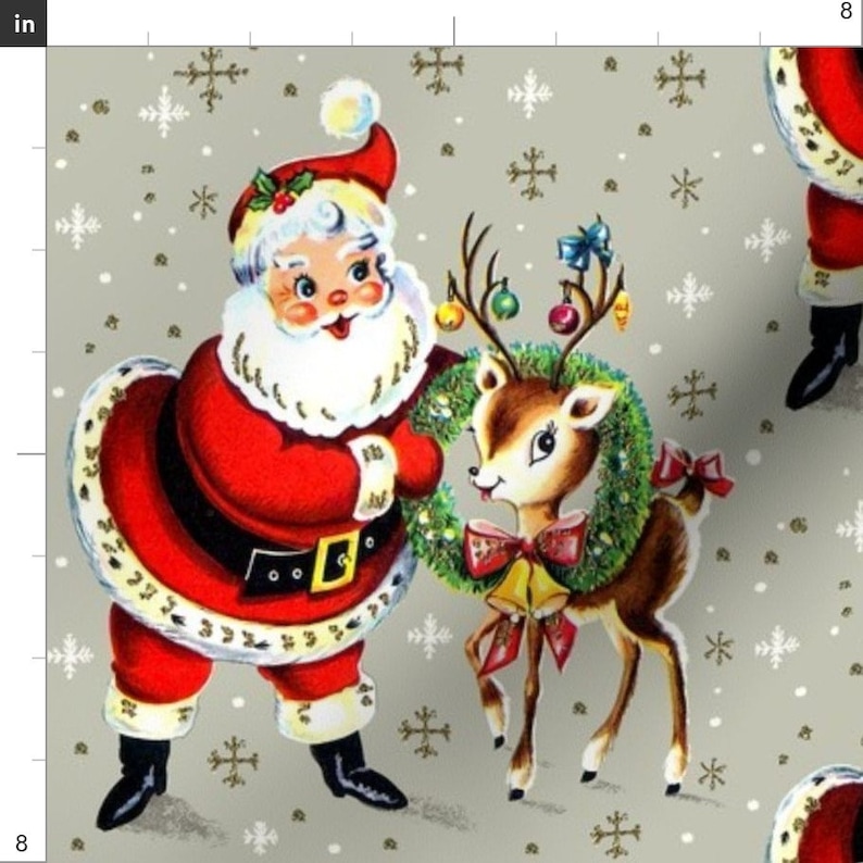 Santa Claus Fabric Reindeer Wreaths Bells Ribbons Snow Mistletoe Retro Kitsch By Raveneve Xmas Cotton Fabric By The Yard With Spoonflower image 2