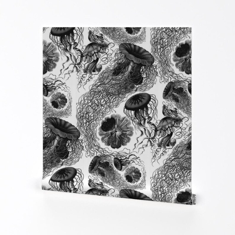 Sea Wallpaper - Jellyfish ~ Black White Swarm By Peacoquettedesigns - Custom Printed Removable Self Adhesive Wallpaper Roll by Spoonflower image 2