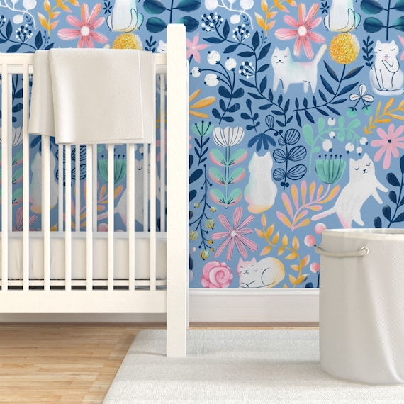 Floral Cats Wallpaper - Spring-Cats By Kostolom3000 - Blue Pink Kids Whimsical Kitten Removable Self Adhesive Wallpaper Roll by Spoonflower