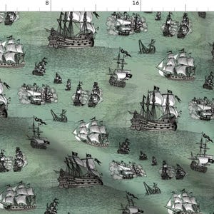 Green Pirate Ship Fabric - Pirate Ships Sea Glass Blue By Teja Jamilla - Sailing Nursery Decor Cotton Fabric By The Yard With Spoonflower