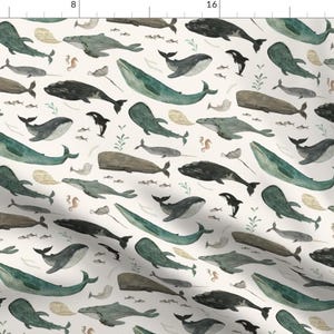 Whales Nautical Ocean Blue Fabric - Whale&#39;S Song {Small} By Katherine Quinn - Whales Ocean Green Cotton Fabric By The Yard With Spoonflower
